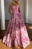 Load image into Gallery viewer, Strapless Grey Blue Flower A Line Long Corset Prom Dress with Pearls