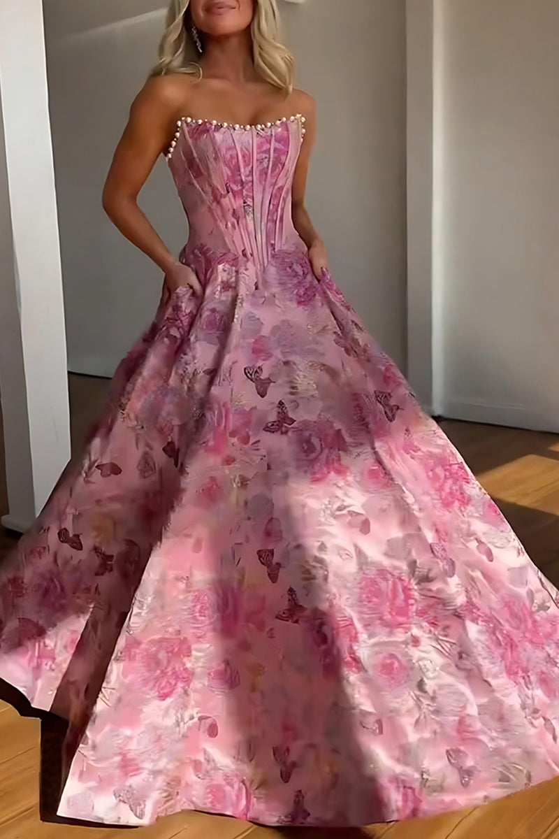 Load image into Gallery viewer, Strapless Grey Blue Flower A Line Long Corset Prom Dress with Pearls