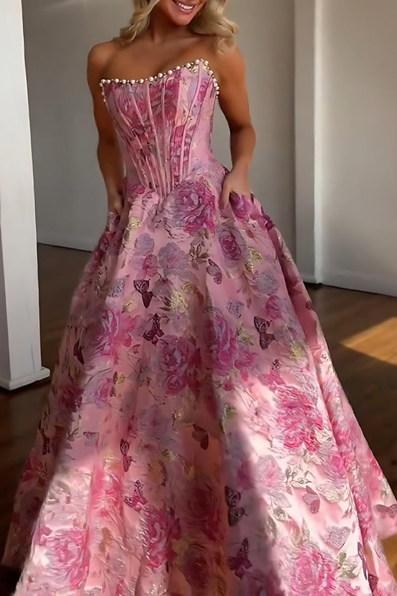 Load image into Gallery viewer, Strapless Grey Blue Flower A Line Long Corset Prom Dress with Pearls