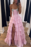 Load image into Gallery viewer, Sparkly Pink Beaded Sweetheart Ruffled Corset Long Prom Dress with Slit