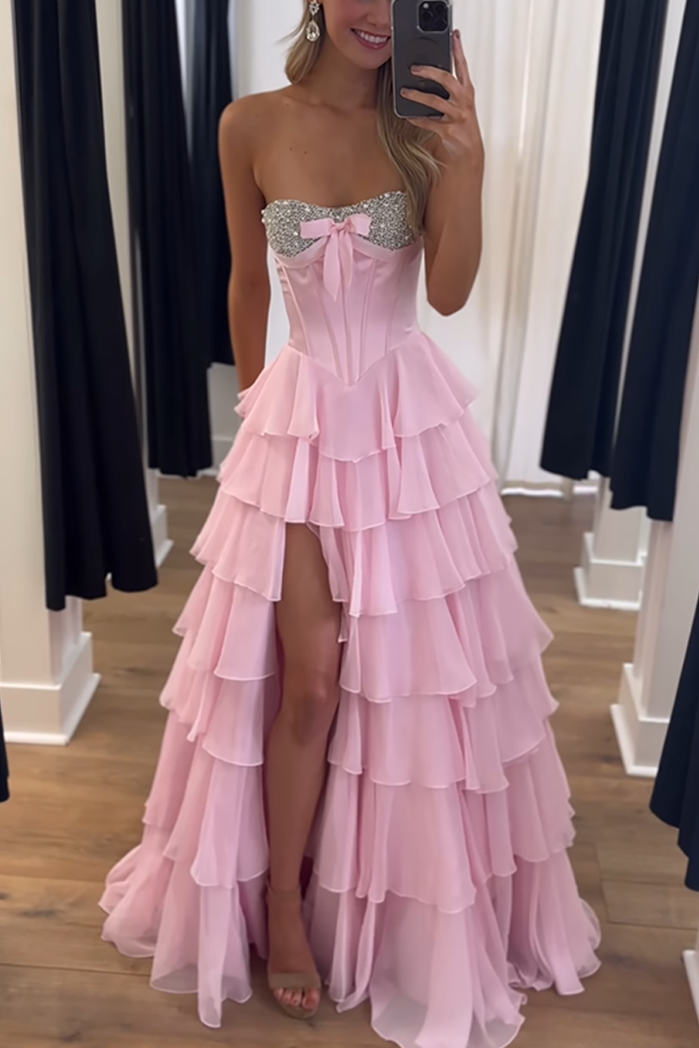 Sparkly Pink Beaded Sweetheart Ruffled Corset Long Prom Dress with Slit