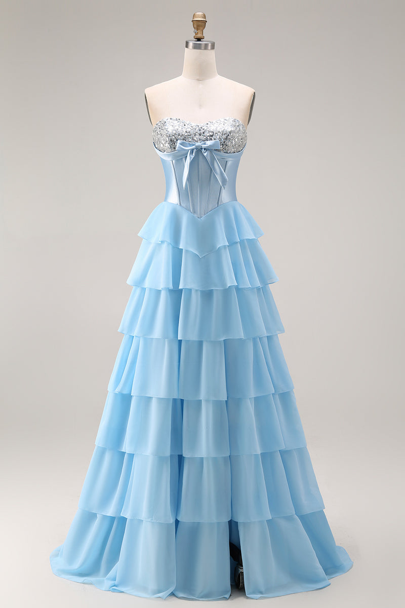Load image into Gallery viewer, Pink Ruffled Sequin Long Corset Prom Dress with Bow