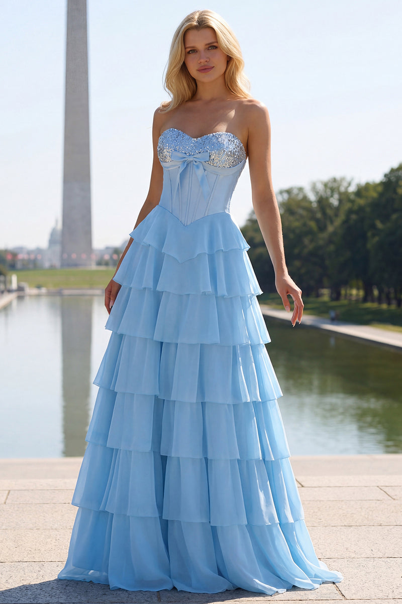 Load image into Gallery viewer, Sparkly Pink Beaded Sweetheart Ruffled Corset Long Prom Dress with Slit
