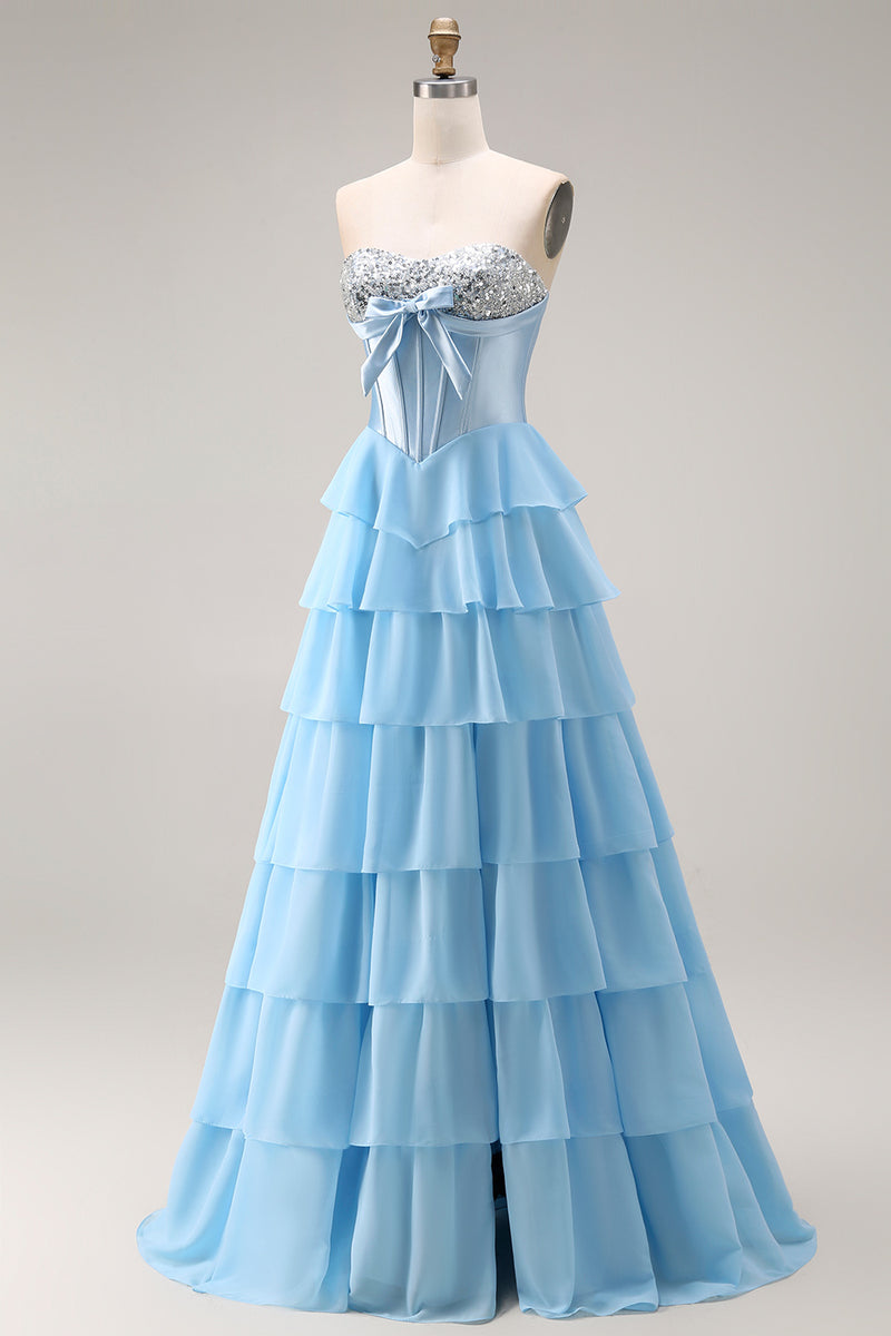 Load image into Gallery viewer, Pink Ruffled Sequin Long Corset Prom Dress with Bow