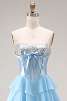 Load image into Gallery viewer, Pink Ruffled Sequin Long Corset Prom Dress with Bow