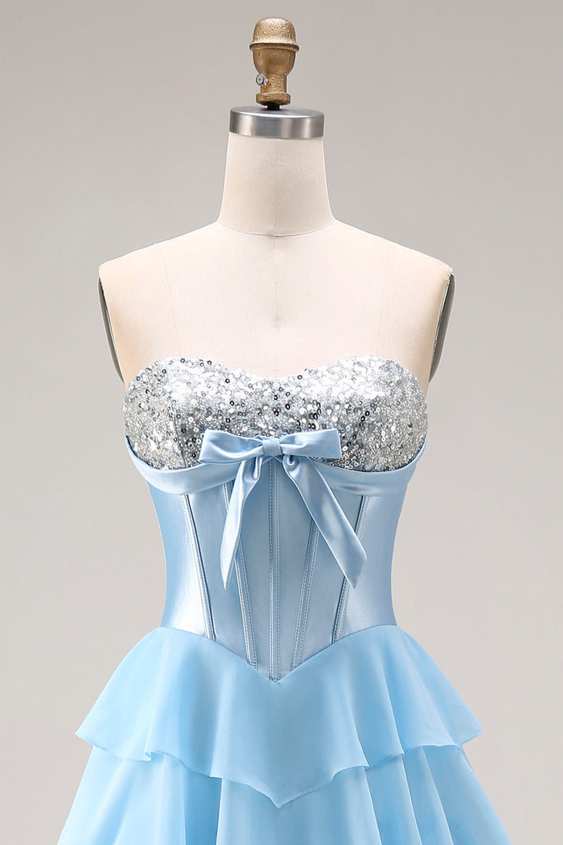 Load image into Gallery viewer, Pink Ruffled Sequin Long Corset Prom Dress with Bow