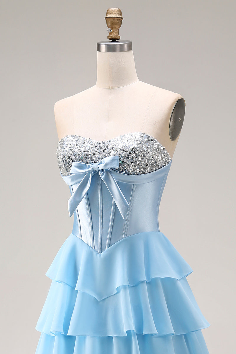Load image into Gallery viewer, Pink Ruffled Sequin Long Corset Prom Dress with Bow