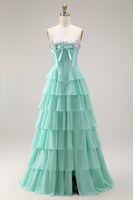 Load image into Gallery viewer, Pink Ruffled Sequin Long Corset Prom Dress with Bow
