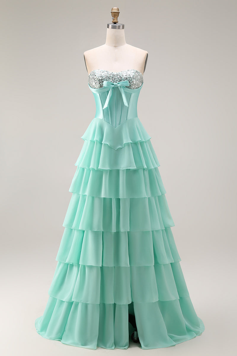 Load image into Gallery viewer, Pink Ruffled Sequin Long Corset Prom Dress with Bow