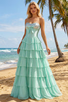 Load image into Gallery viewer, Pink Ruffled Sequin Long Corset Prom Dress with Bow