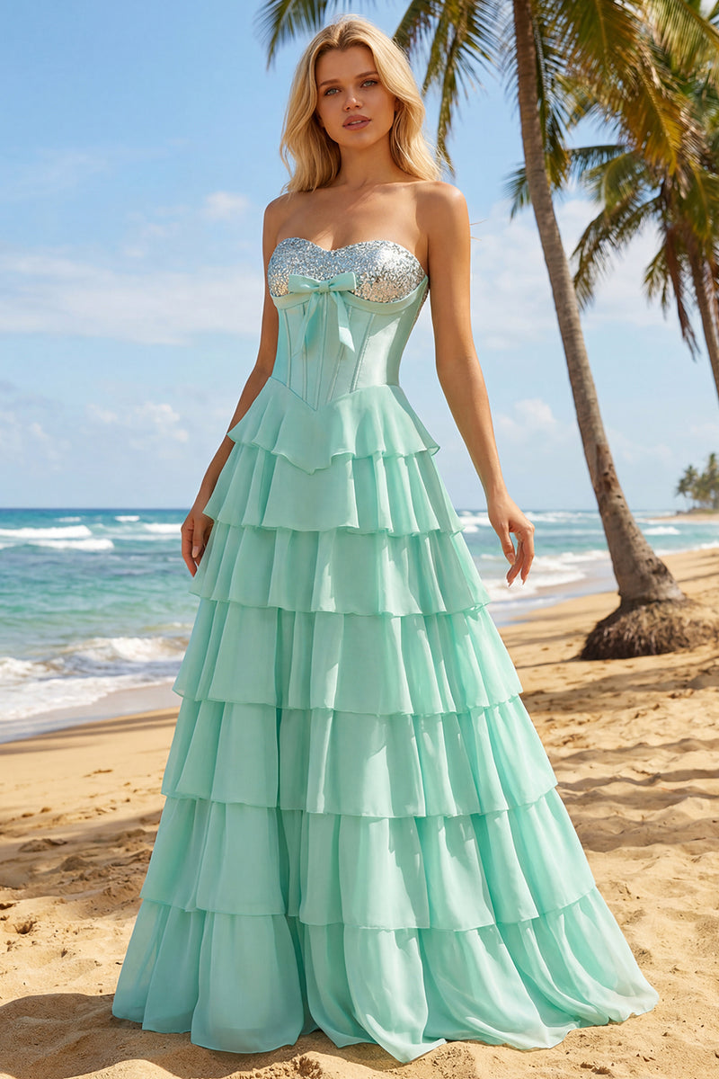 Load image into Gallery viewer, Pink Ruffled Sequin Long Corset Prom Dress with Bow