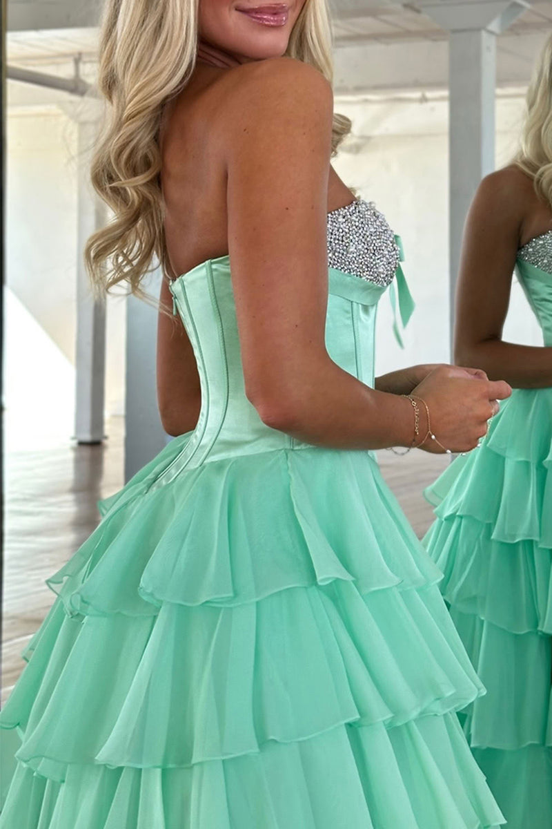 Load image into Gallery viewer, Sparkly Pink Beaded Sweetheart Ruffled Corset Long Prom Dress with Slit