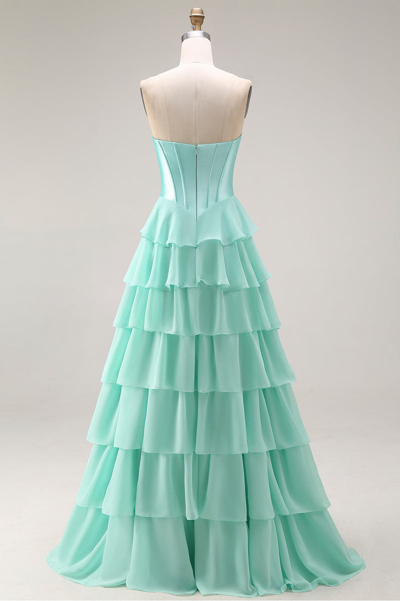 Load image into Gallery viewer, Pink Ruffled Sequin Long Corset Prom Dress with Bow