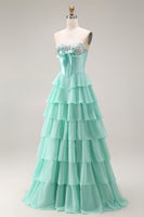 Load image into Gallery viewer, Pink Ruffled Sequin Long Corset Prom Dress with Bow