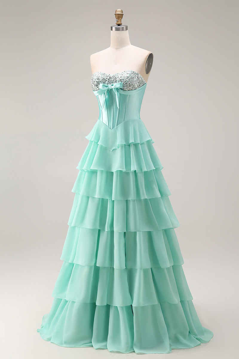 Load image into Gallery viewer, Pink Ruffled Sequin Long Corset Prom Dress with Bow