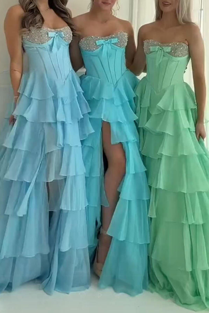 Load image into Gallery viewer, Sparkly Pink Beaded Sweetheart Ruffled Corset Long Prom Dress with Slit