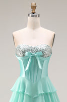 Load image into Gallery viewer, Pink Ruffled Sequin Long Corset Prom Dress with Bow