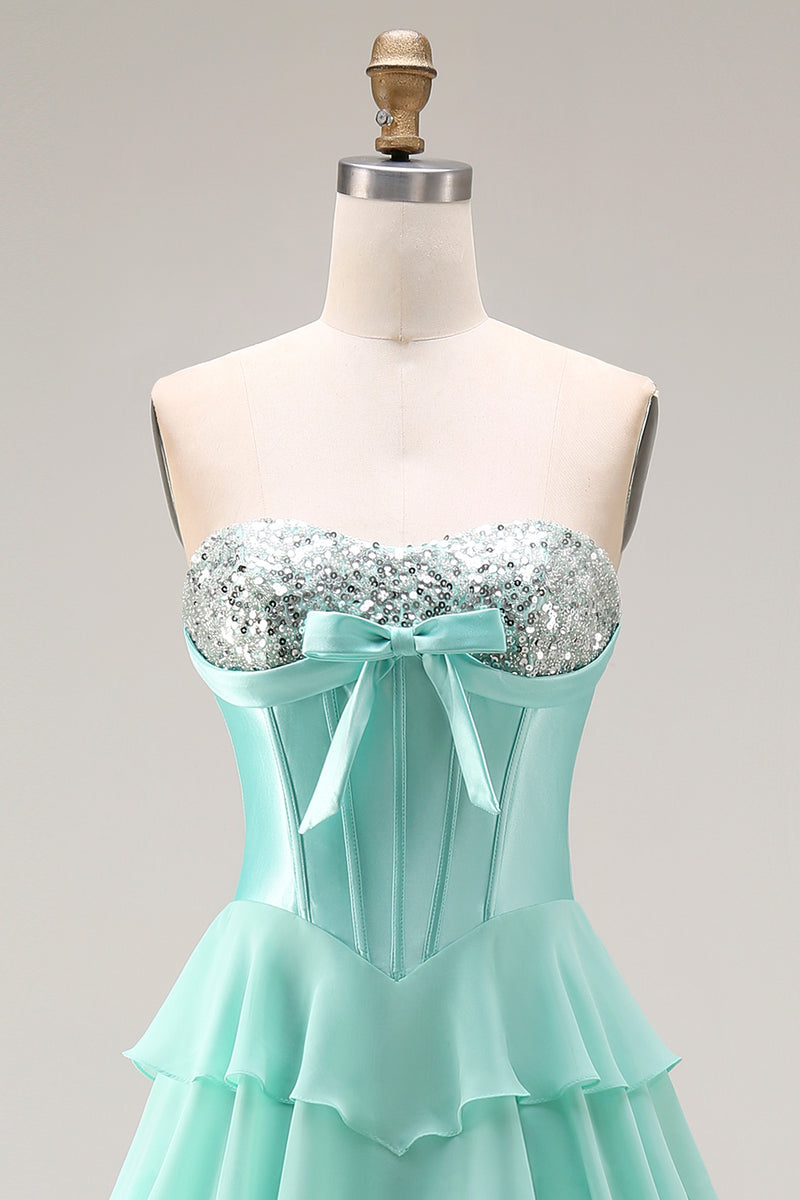 Load image into Gallery viewer, Pink Ruffled Sequin Long Corset Prom Dress with Bow