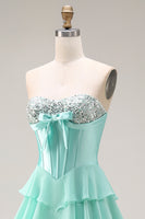 Load image into Gallery viewer, Pink Ruffled Sequin Long Corset Prom Dress with Bow
