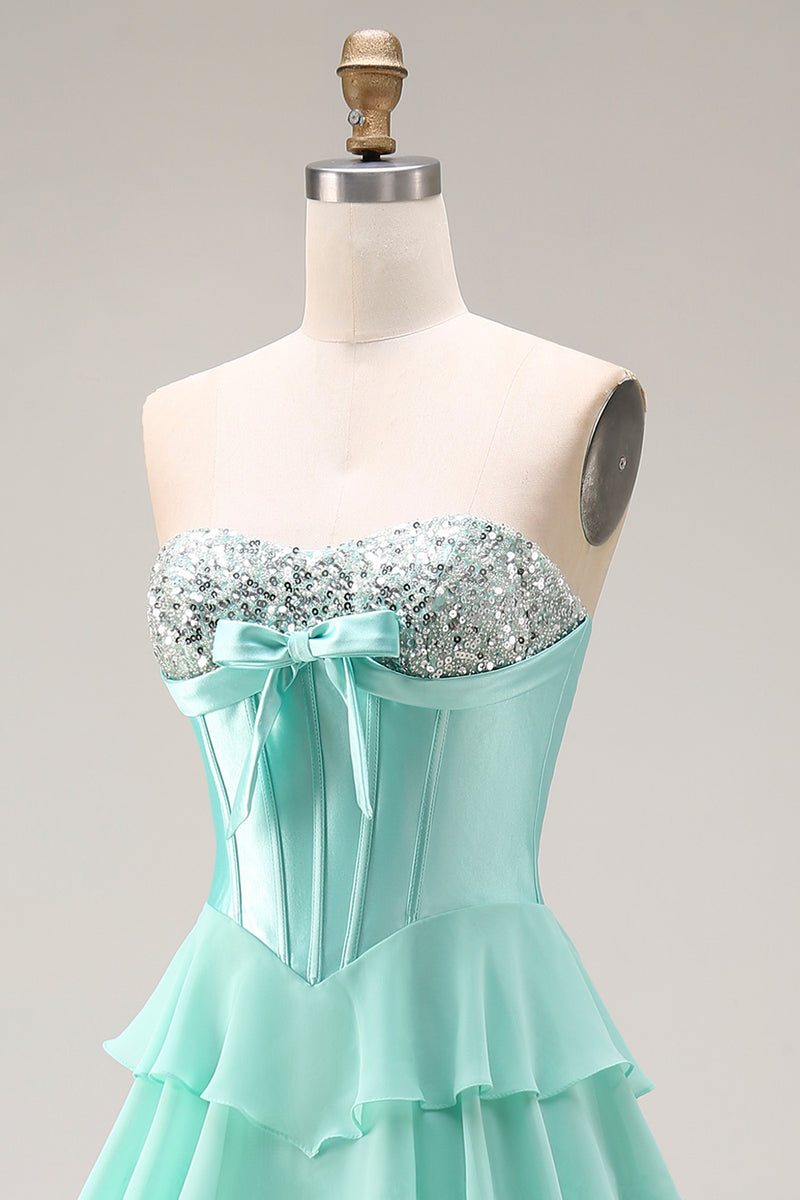 Load image into Gallery viewer, Pink Ruffled Sequin Long Corset Prom Dress with Bow