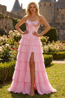 Load image into Gallery viewer, Sparkly Pink Beaded Sweetheart Ruffled Corset Long Prom Dress with Slit