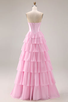Pink Ruffled Sequin Long Corset Prom Dress with Bow