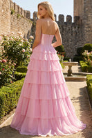 Load image into Gallery viewer, Sparkly Pink Beaded Sweetheart Ruffled Corset Long Prom Dress with Slit
