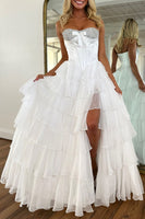 Load image into Gallery viewer, Sparkly Pink Beaded Sweetheart Ruffled Corset Long Prom Dress with Slit