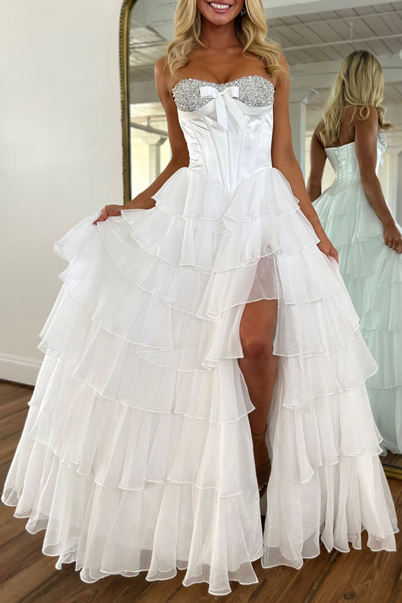 Load image into Gallery viewer, Sparkly Pink Beaded Sweetheart Ruffled Corset Long Prom Dress with Slit