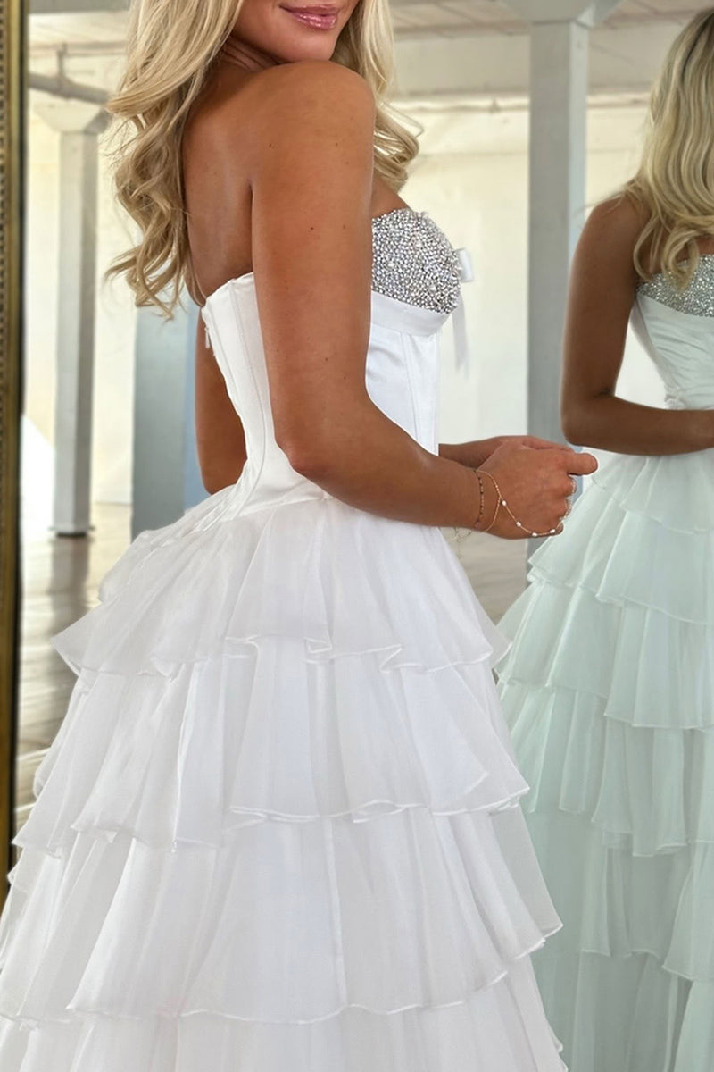 Load image into Gallery viewer, Sparkly Pink Beaded Sweetheart Ruffled Corset Long Prom Dress with Slit