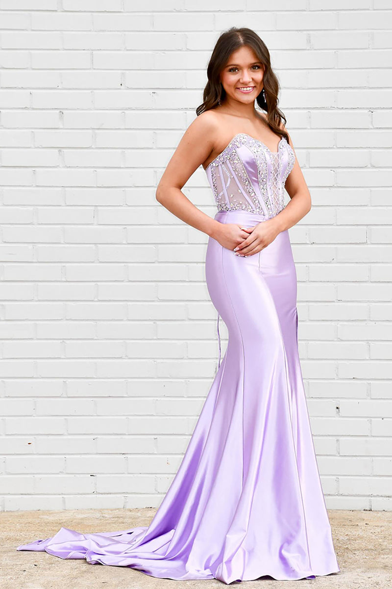 Load image into Gallery viewer, Sparkly Lilac Sweetheart Beaded Corset Mermaid Long Prom Dress