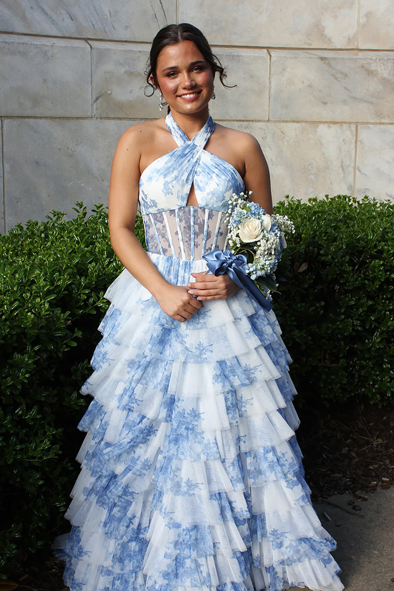 Load image into Gallery viewer, White Blue Flower Halter A Line Long Corset Prom Dress with Ruffles