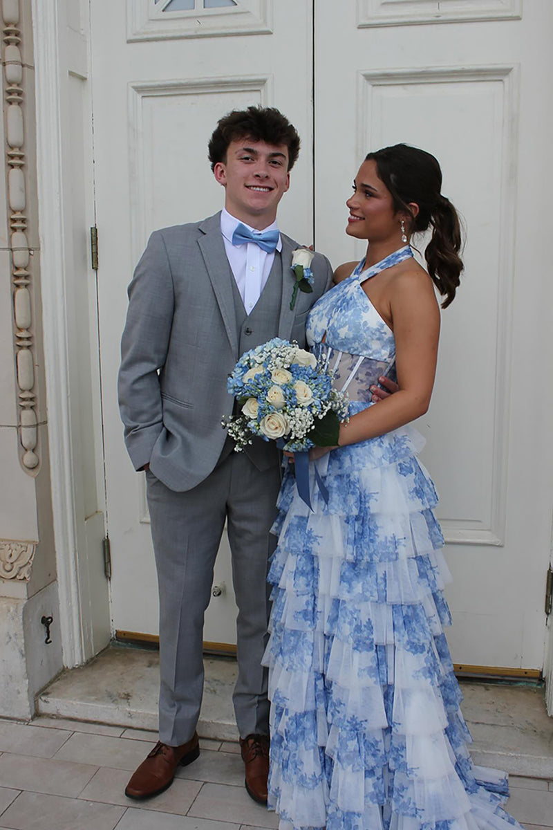 Load image into Gallery viewer, White Blue Flower Halter A Line Long Corset Prom Dress with Ruffles