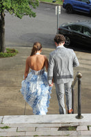 Load image into Gallery viewer, White Blue Flower Halter A Line Long Corset Prom Dress with Ruffles