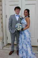 Load image into Gallery viewer, White Blue Flower Halter A Line Long Corset Prom Dress with Ruffles