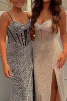 Load image into Gallery viewer, Sparkly Champagne Sweetheart Long Corsert Prom Dress with Slit