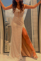 Load image into Gallery viewer, Sparkly Champagne Sweetheart Long Corsert Prom Dress with Slit