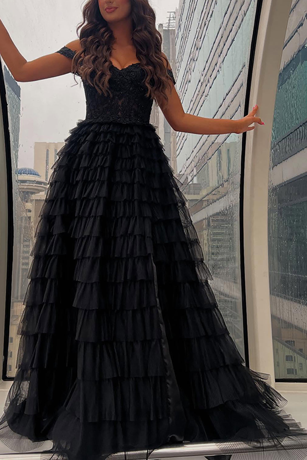 Black Off the Shoulder A Line Ruffled Long Prom Dress with Appliques