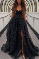 Load image into Gallery viewer, Black Off the Shoulder A Line Ruffled Long Prom Dress with Appliques