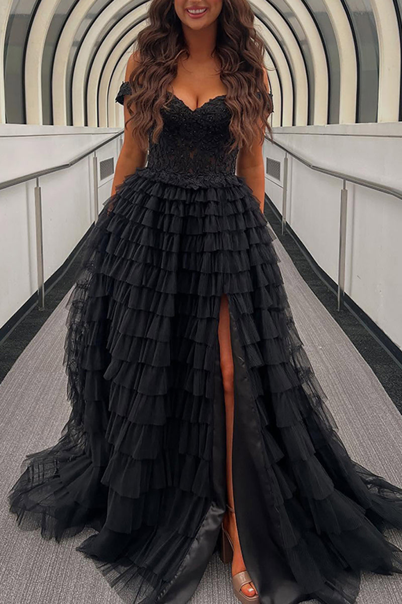 Load image into Gallery viewer, Black Off the Shoulder A Line Ruffled Long Prom Dress with Appliques