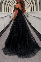 Load image into Gallery viewer, Black Off the Shoulder A Line Ruffled Long Prom Dress with Appliques