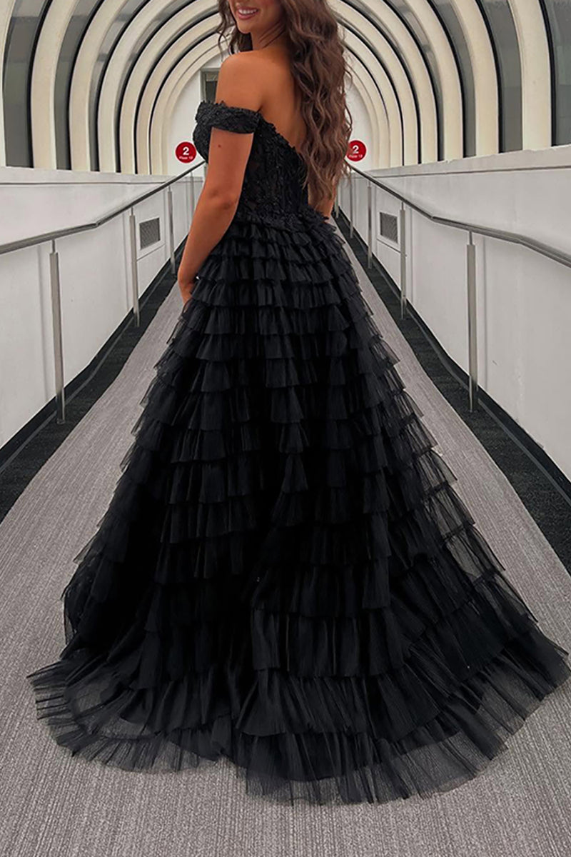 Load image into Gallery viewer, Black Off the Shoulder A Line Ruffled Long Prom Dress with Appliques