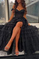 Load image into Gallery viewer, Black Off the Shoulder A Line Ruffled Long Prom Dress with Appliques