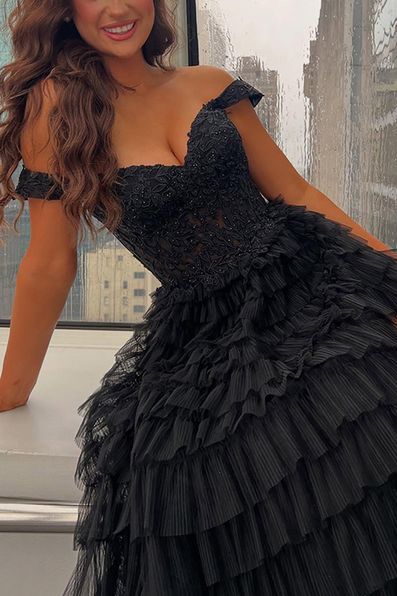 Load image into Gallery viewer, Black Off the Shoulder A Line Ruffled Long Prom Dress with Appliques