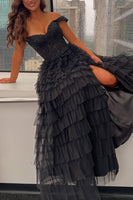 Load image into Gallery viewer, Black Off the Shoulder A Line Ruffled Long Prom Dress with Appliques