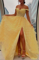 Load image into Gallery viewer, Black Off the Shoulder A Line Ruffled Long Prom Dress with Appliques