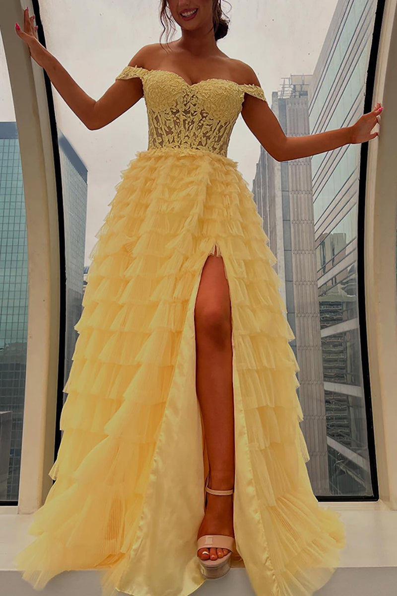 Load image into Gallery viewer, Black Off the Shoulder A Line Ruffled Long Prom Dress with Appliques