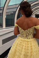 Load image into Gallery viewer, Black Off the Shoulder A Line Ruffled Long Prom Dress with Appliques