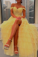 Load image into Gallery viewer, Black Off the Shoulder A Line Ruffled Long Prom Dress with Appliques