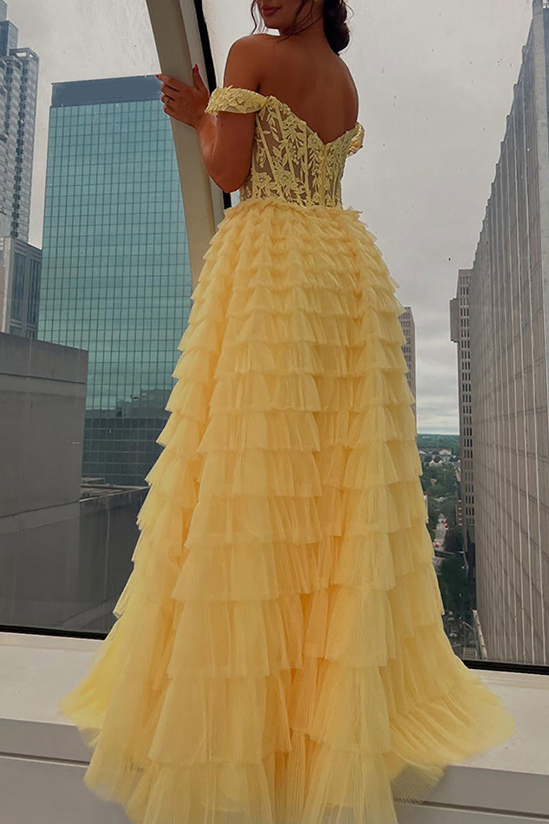 Load image into Gallery viewer, Black Off the Shoulder A Line Ruffled Long Prom Dress with Appliques